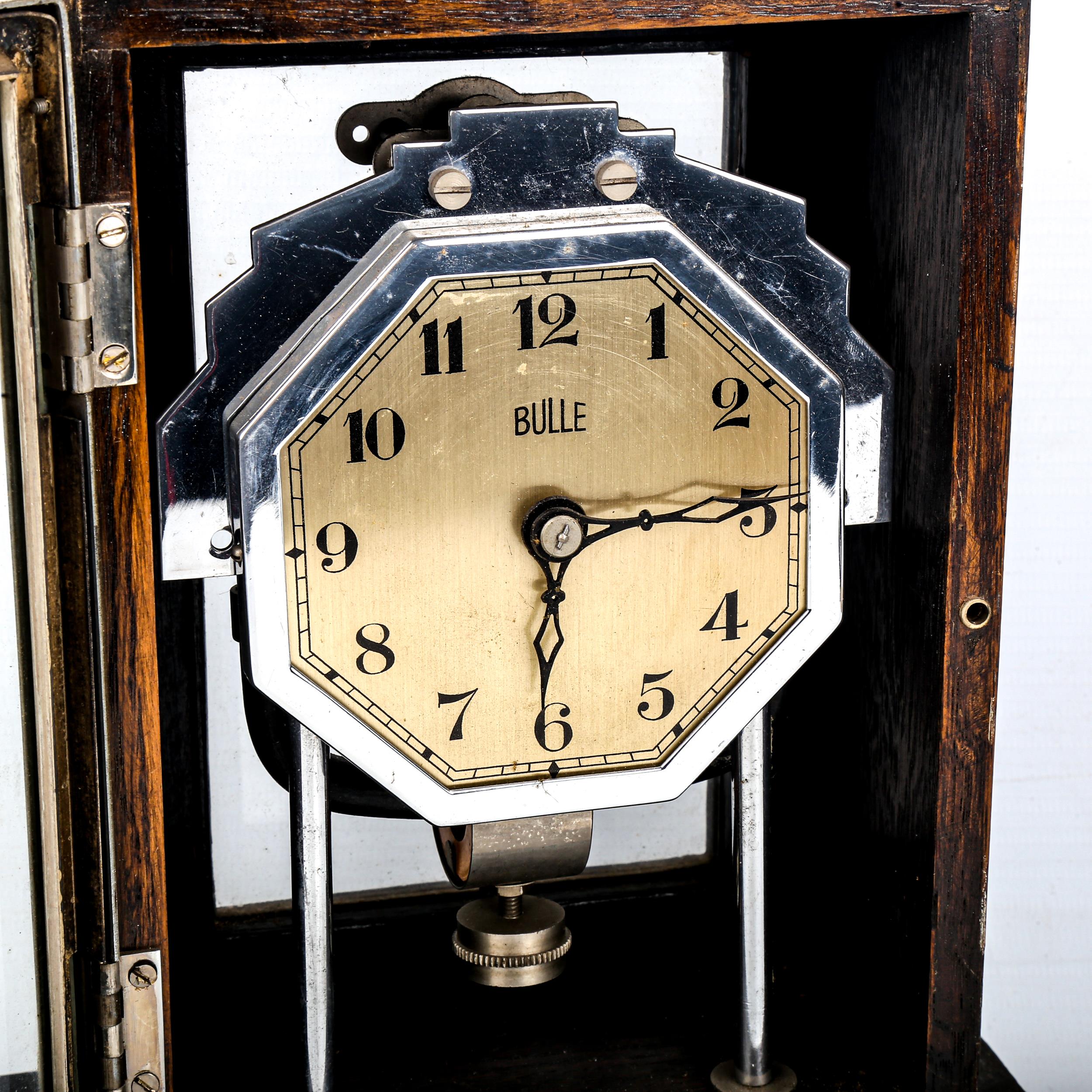 A Vintage Bulle electro-magnetic mantel clock, silver dial with Arabic numerals and stained oak - Image 2 of 5