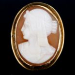 A late 20th century 9ct gold relief carved shell cameo ring, depicting female profile, hallmarks