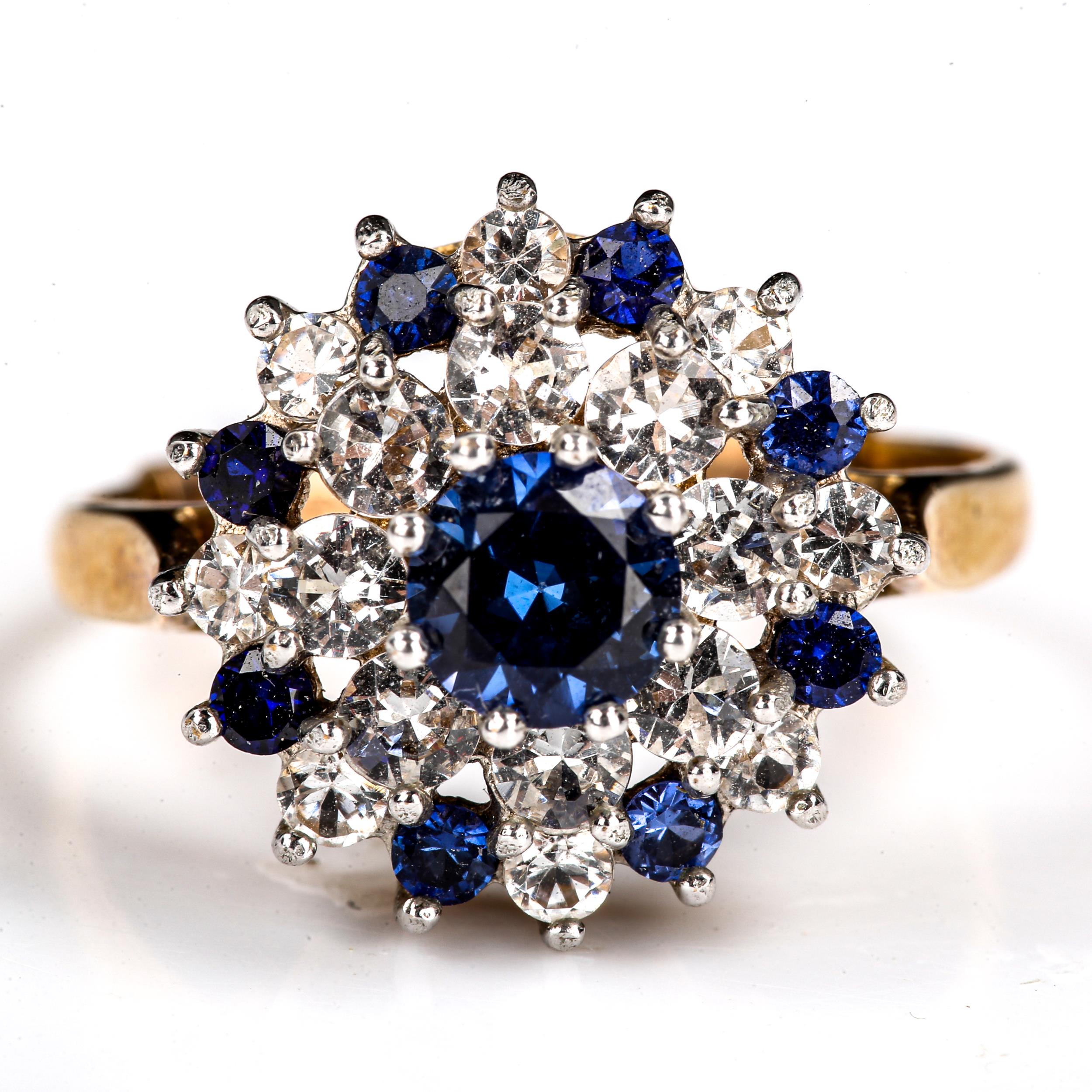 A late 20th century 9ct gold blue and white sapphire snowflake cluster ring, set with round cut - Image 2 of 4