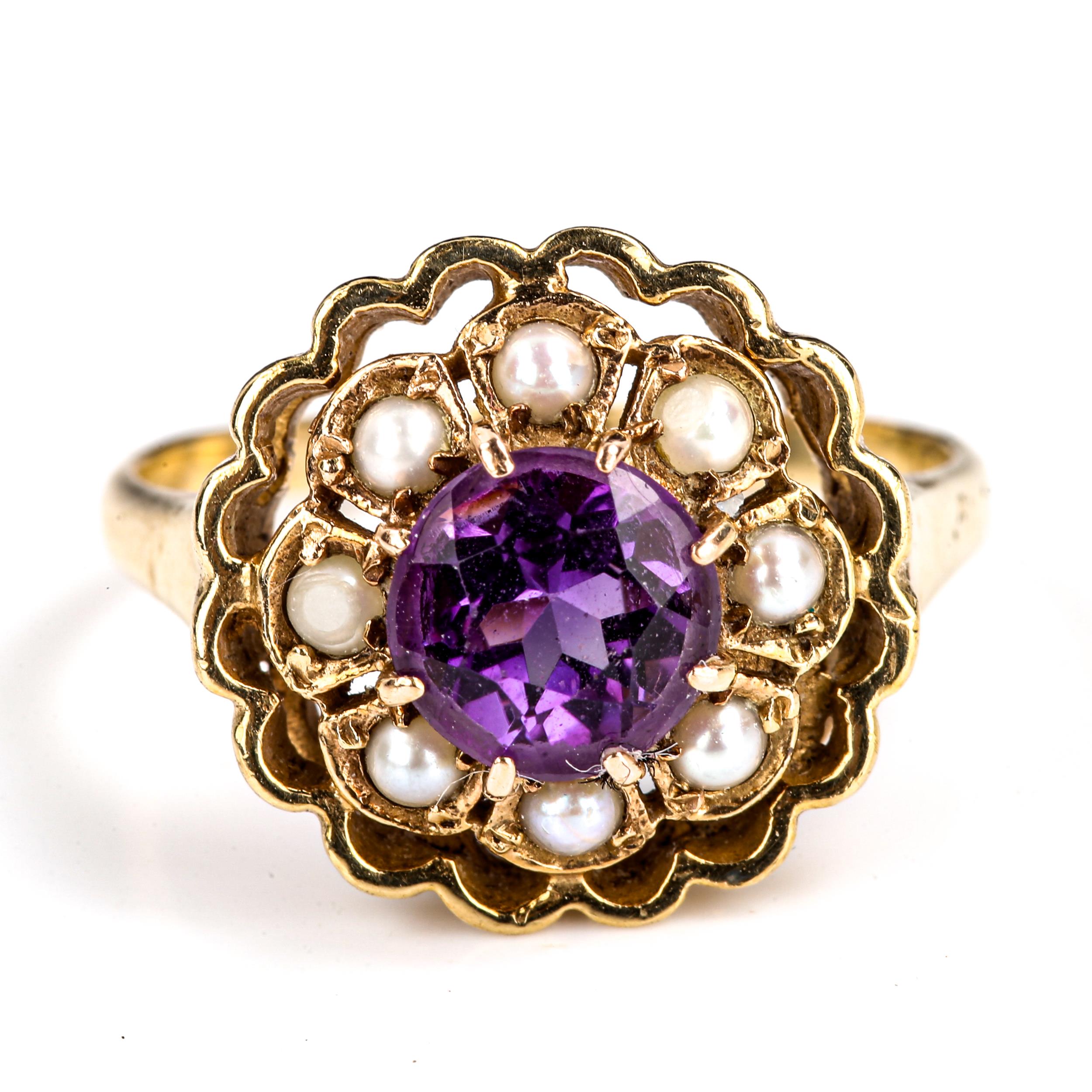 A late 20th century 9ct gold amethyst and split pearl cluster ring, set with round cut amethyst with - Image 2 of 4