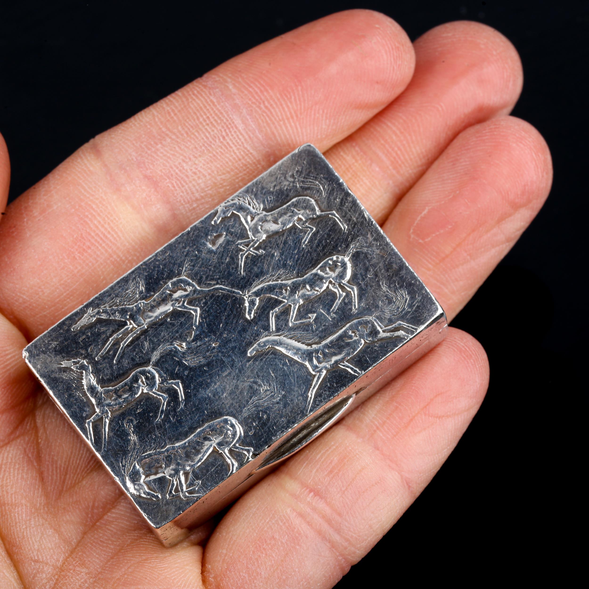 An Elizabeth II silver horse pillbox, plain rectangular form with horse decorated lid and engine - Image 4 of 4