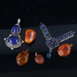 Various amber and lapis lazuli jewellery, largest lapis pendant height 58.4mm, 48.2g total (6) Amber