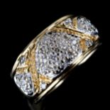 A modern 18ct yellow and white gold diamond heart band ring, pave set with single-cut diamonds,