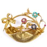 A late 20th century 18ct gold gem-set basket of flowers brooch, pierced basket with ribbon and spray