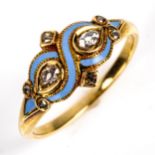 A Georgian lilac enamel and diamond dress ring, unmarked gold settings with pear old-cut and rose-