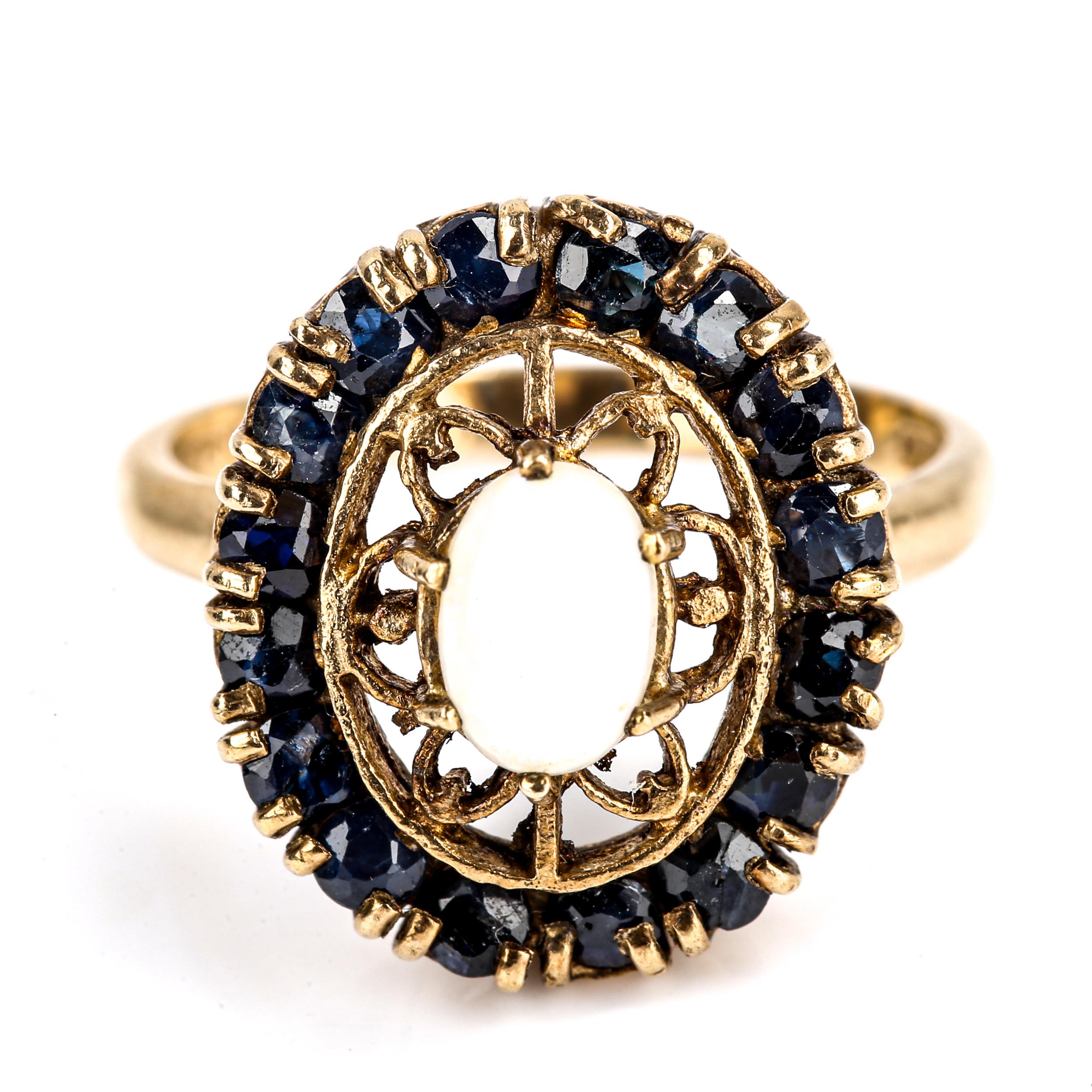 A late 20th century 9ct gold opal and sapphire oval cluster ring, set with oval cabochon opal and - Image 2 of 4