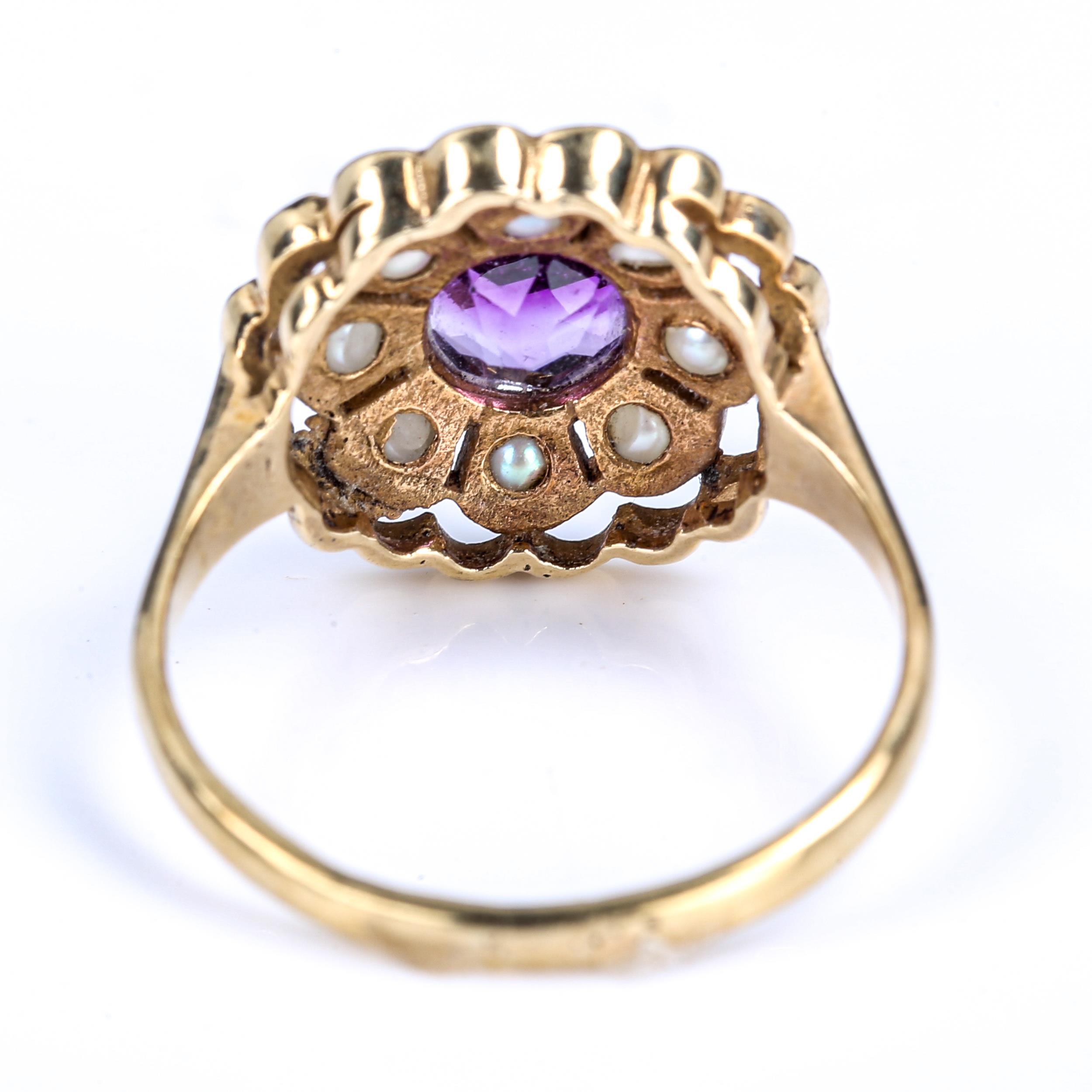 A late 20th century 9ct gold amethyst and split pearl cluster ring, set with round cut amethyst with - Image 3 of 4