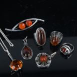 Various Vintage Danish stylised silver and amber jewellery, comprising 3 x rings, 3 x pendants and 1