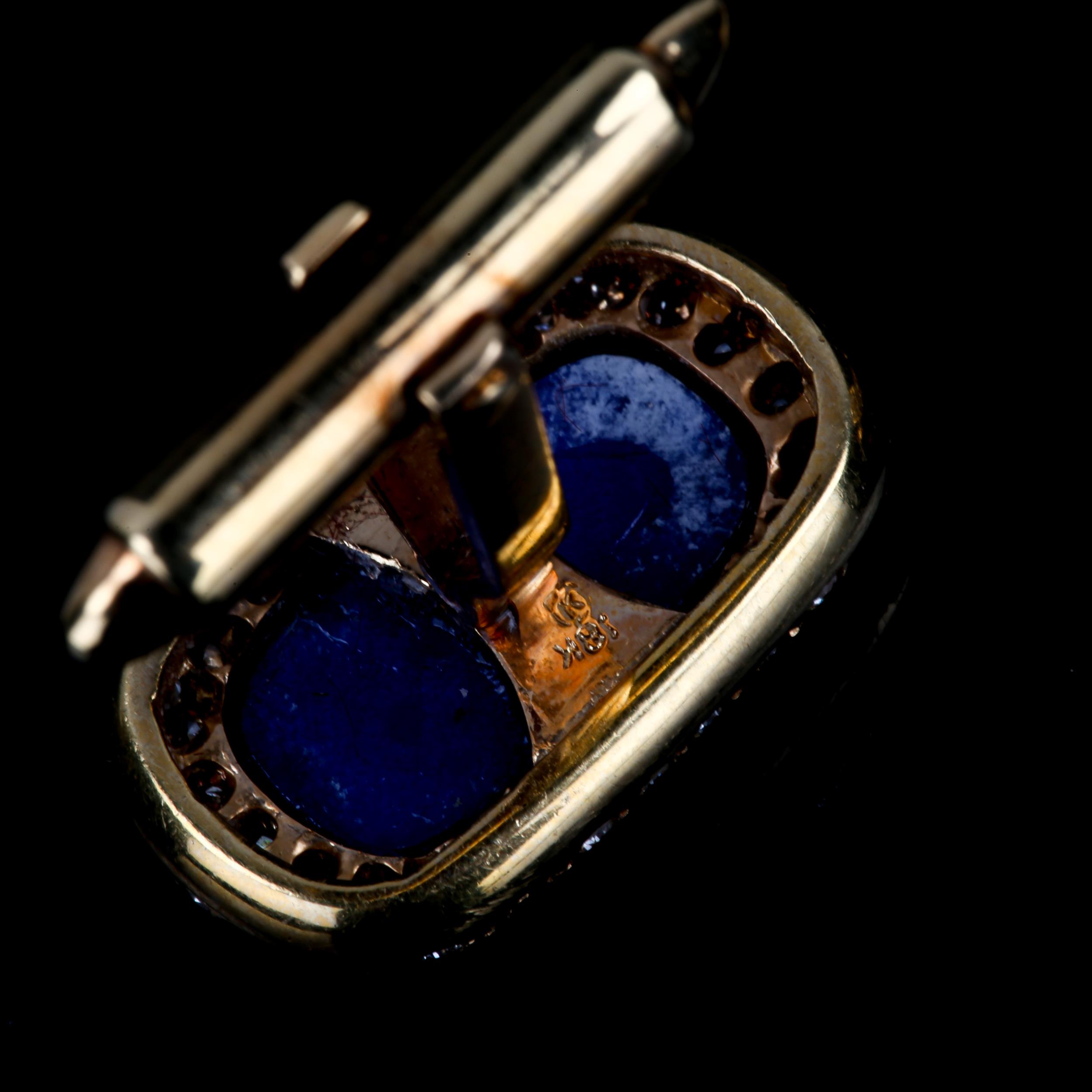 A pair of 18ct gold lapis lazuli and diamond cluster cufflinks, panel length 19.4mm, 11.7g Some glue - Image 3 of 4