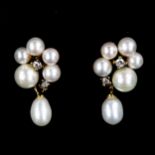 A pair of Vintage 9ct gold pearl and diamond drop earrings, with modern round brilliant-cut diamonds