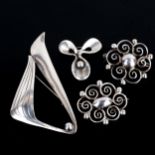 4 x Vintage Danish stylised sterling silver brooches, makers include Ove Wendt Solvsmedie, Orb