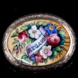 A Victorian hand painted enamel Regard brooch, engraved unmarked gold front with base metal backing,