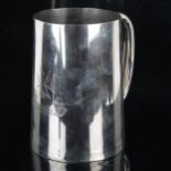 A Victorian silver pint tankard mug, tapered cylindrical form with glass base and inscription for "