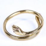 A mid-20th century 9ct gold figural articulated coiled snake bracelet, in Victorian style with steel