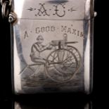 A late Victorian novelty curved silver "A Good Maxim" Vesta case, with engraved scene depicting