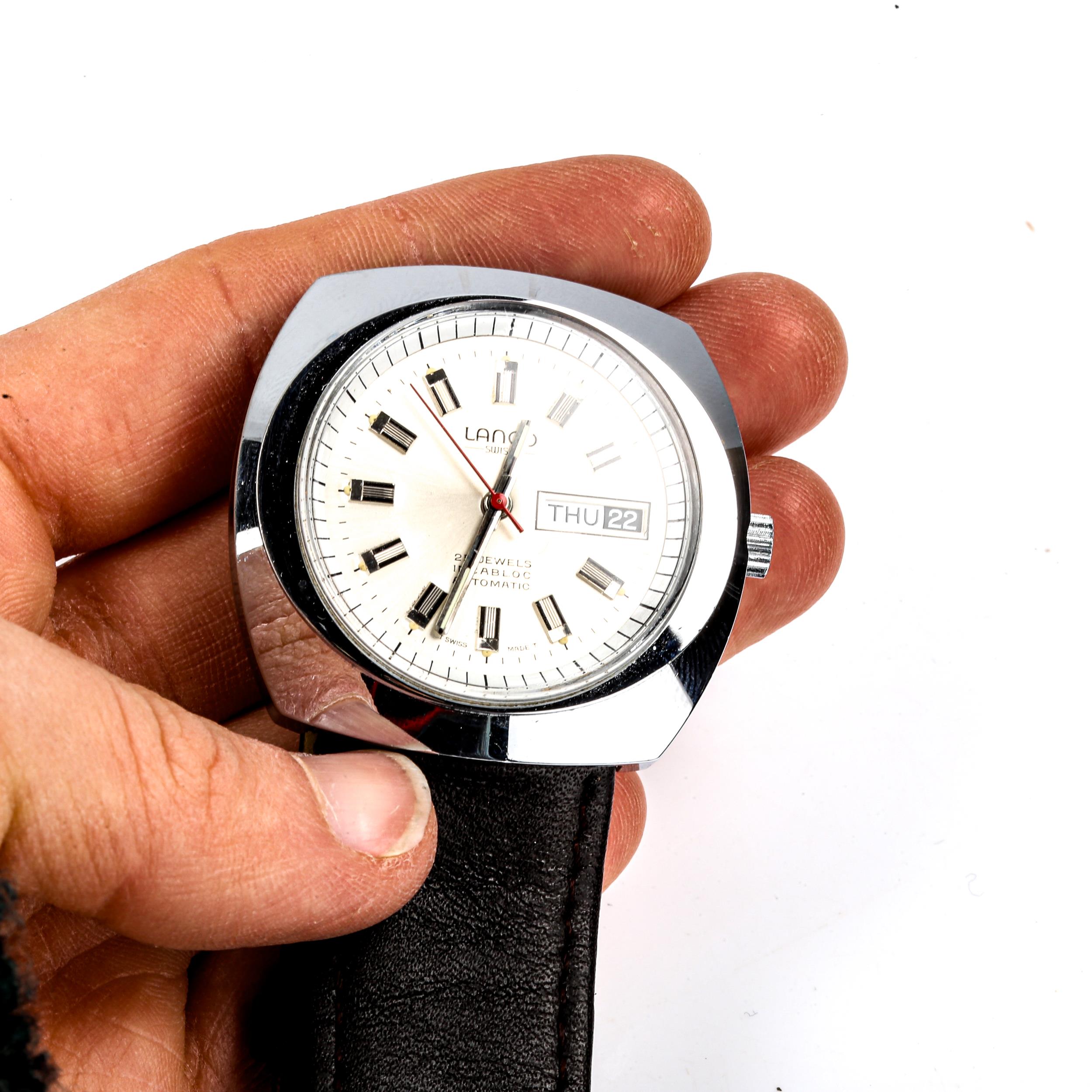 LANCO - a Vintage stainless steel automatic wristwatch, silvered dial with baton hour markers and - Image 5 of 5