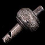 An early 20th century Chinese export silver baby's whistle, relief embossed bamboo decoration, by