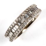 A modern 18ct white gold diamond cluster half hoop band ring, set with baguette and round