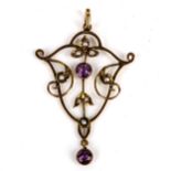 An Art Nouveau 9ct gold amethyst and pearl pendant, openwork floral settings, pendant height