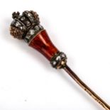 A fine Antique Russian gold red enamel and diamond coronet stickpin, by Mikhail Perkhin, possibly