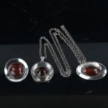 3 x Vintage Danish stylised sterling silver and amber pieces of jewellery, comprising pendant