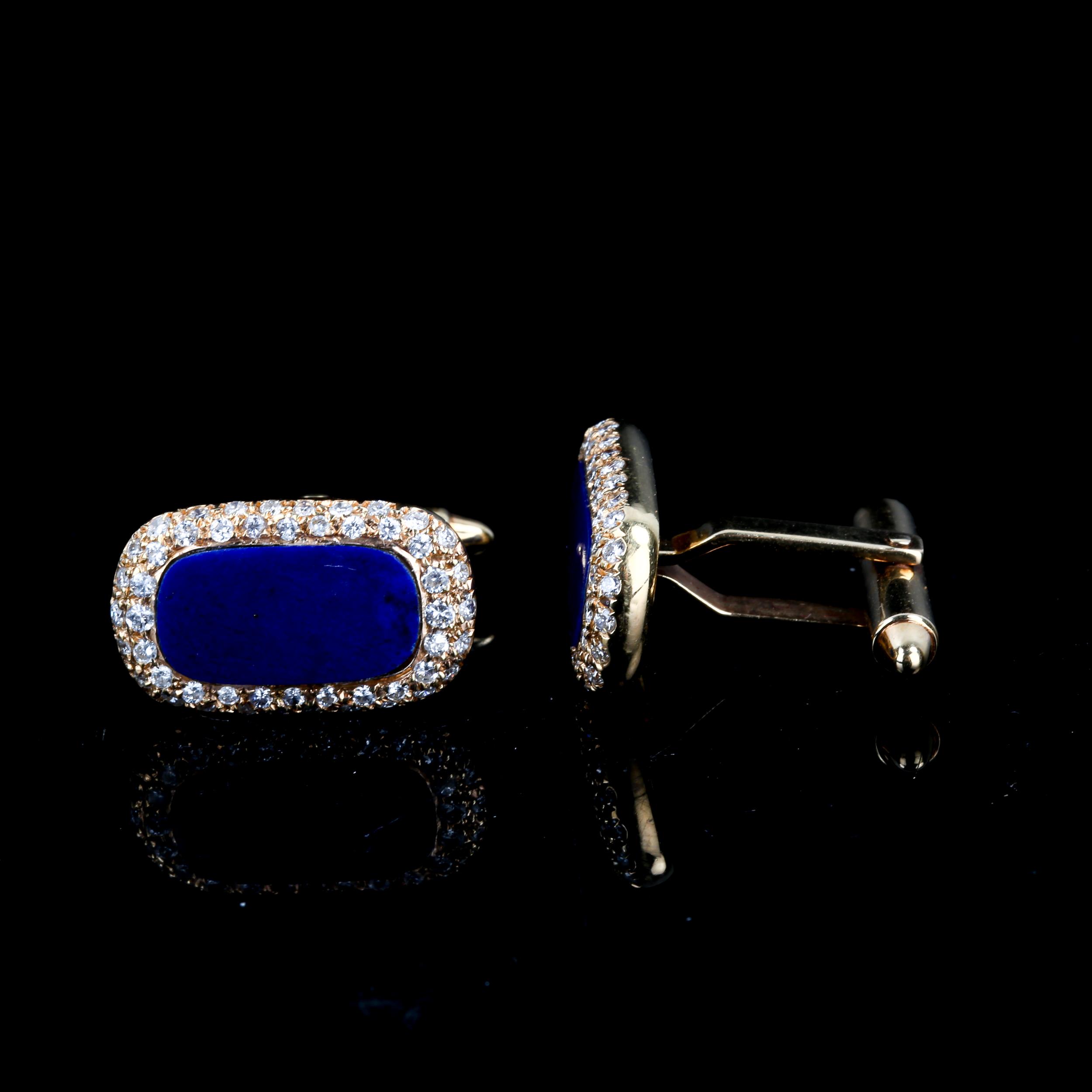 A pair of 18ct gold lapis lazuli and diamond cluster cufflinks, panel length 19.4mm, 11.7g Some glue - Image 2 of 4