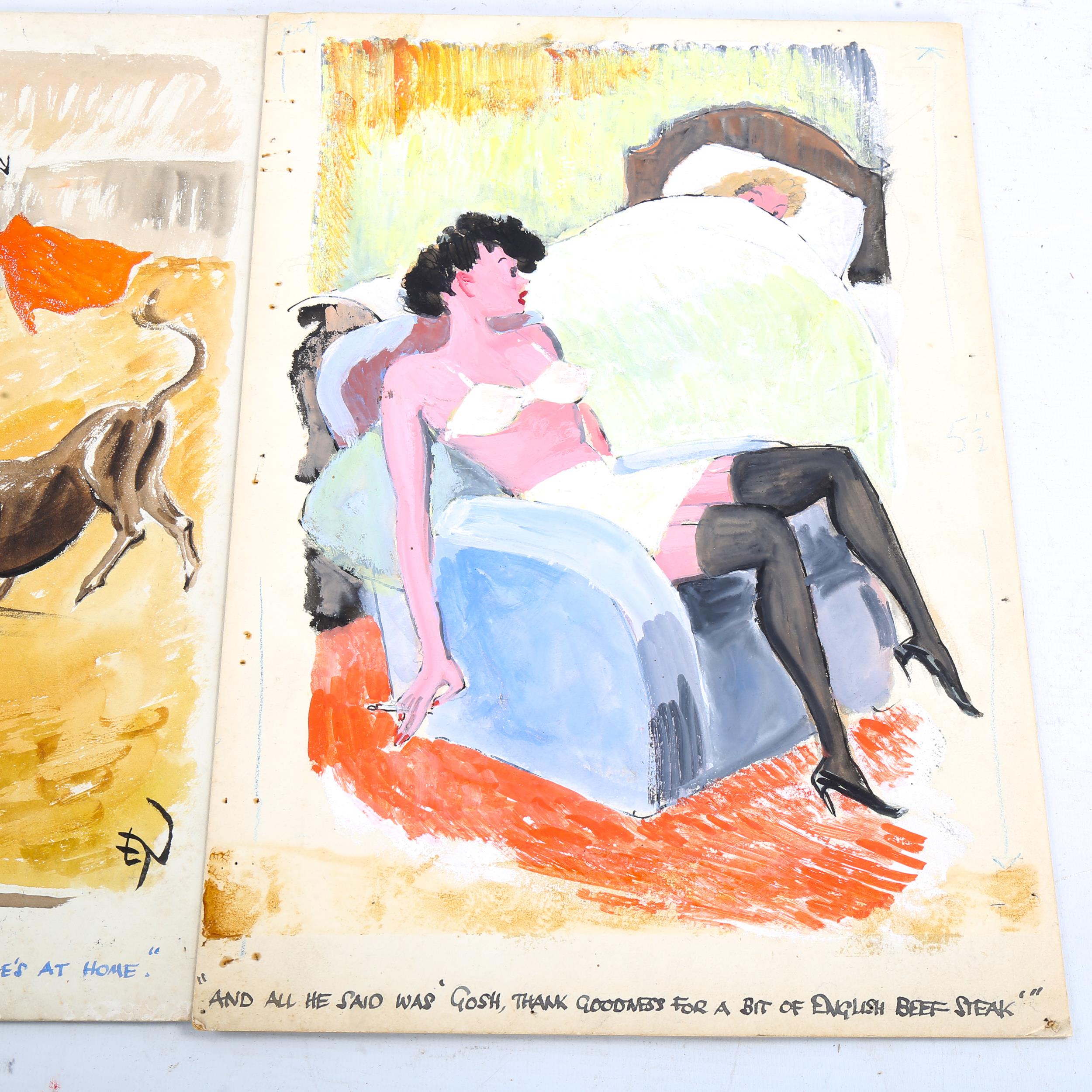 Edgar Norfield, 3 x original watercolour/gouache cartoons, sheet size 38cm x 27cm, unframed Good