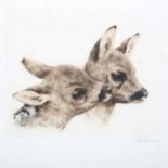 Kert Eberhardt (1895 - 1977), etching, 2 fawns, signed in pencil, image 20cm x 24cm, framed A few