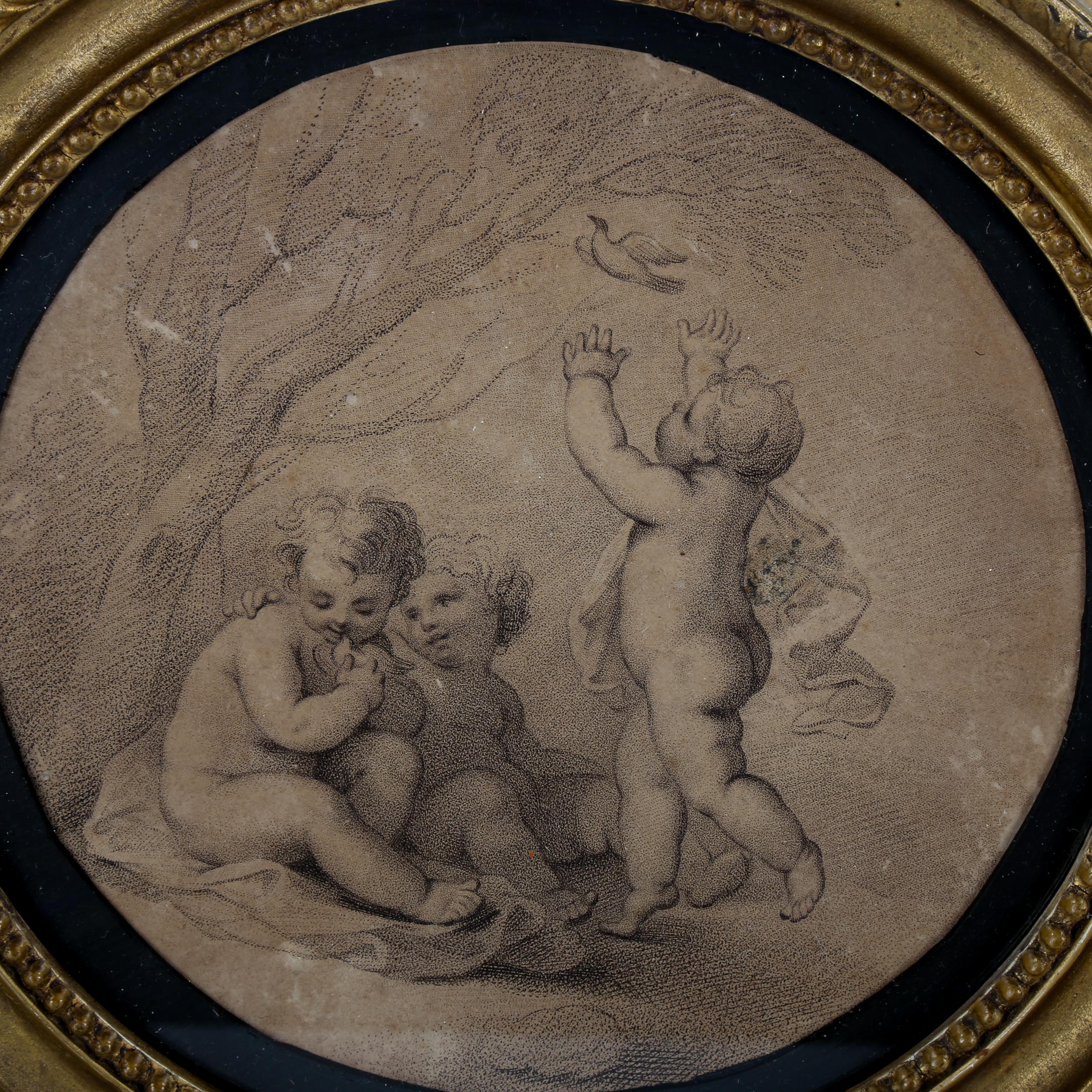 19th century Bartolozzi stipple engraving, 3 cherubs, original gesso frame, frame diameter 25cm - Image 2 of 4