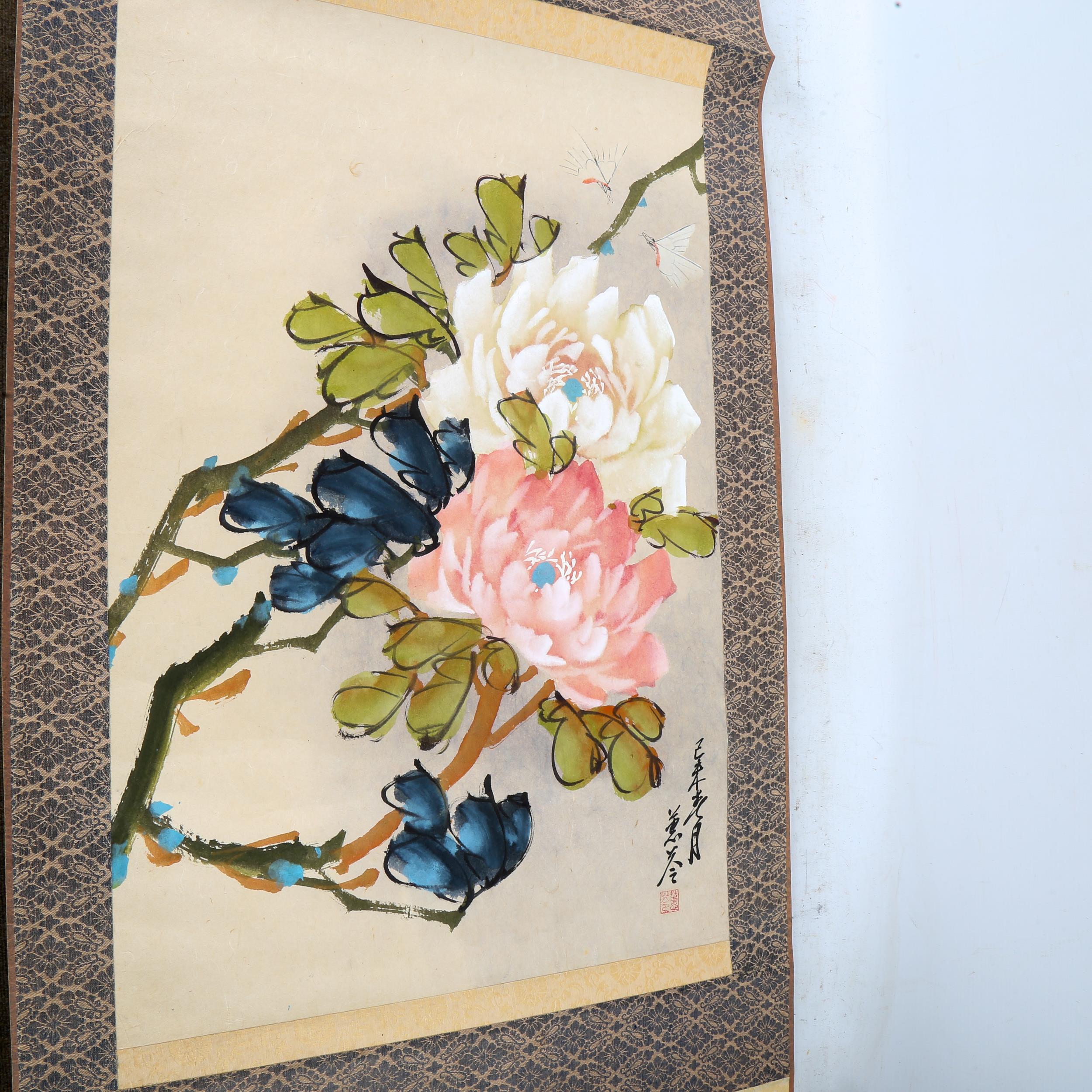 Chinese School, watercolour scroll painting, sign with chop and text inscription, image 62cm x 21cm, - Image 4 of 4