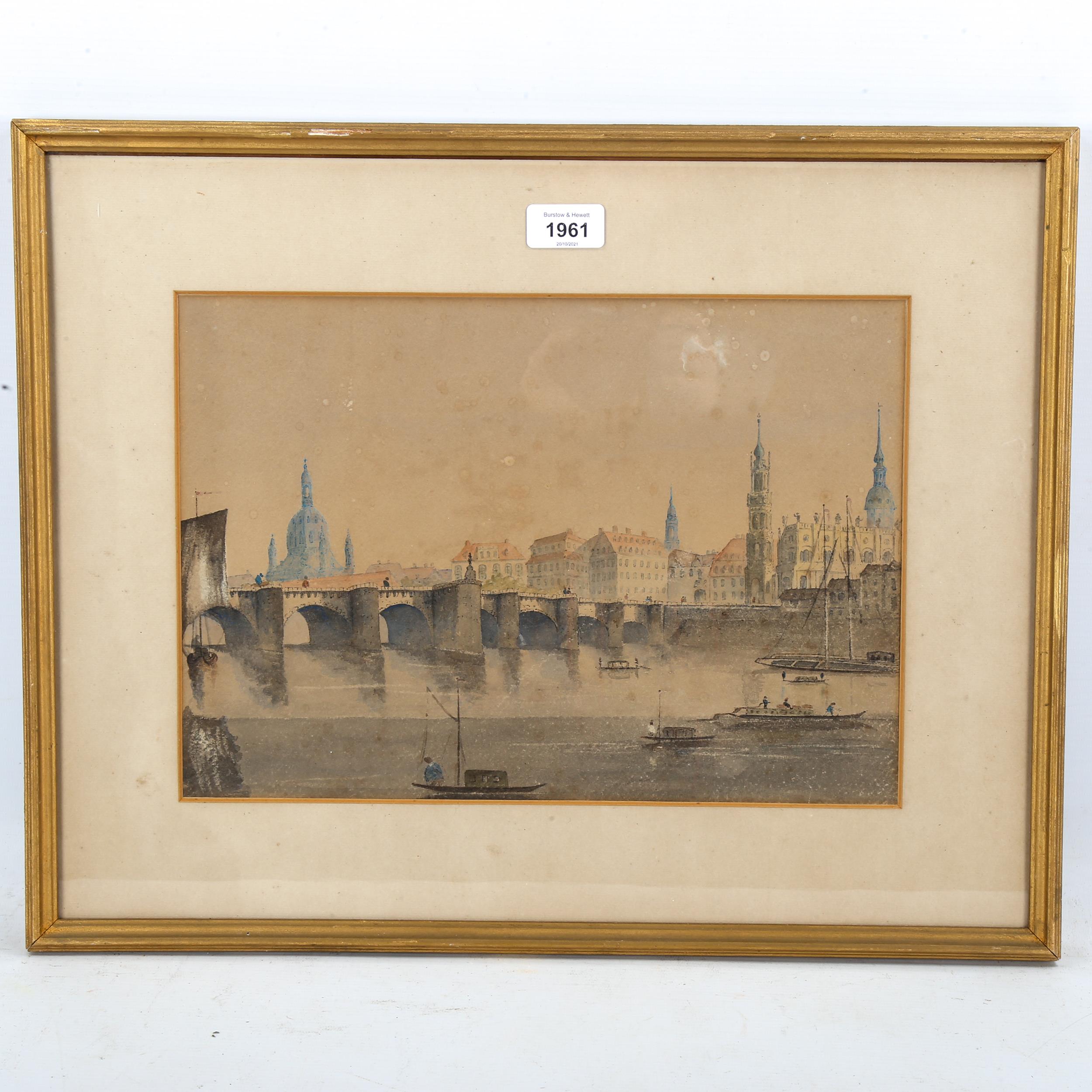 19th century watercolour, Continental city bridge, unsigned, 25cm x 36cm, framed Paper - Image 2 of 4