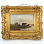 T Corbett, oil on canvas, cattle on a riverbank, signed, 30cm x 44cm, original frame A tiny 1cm