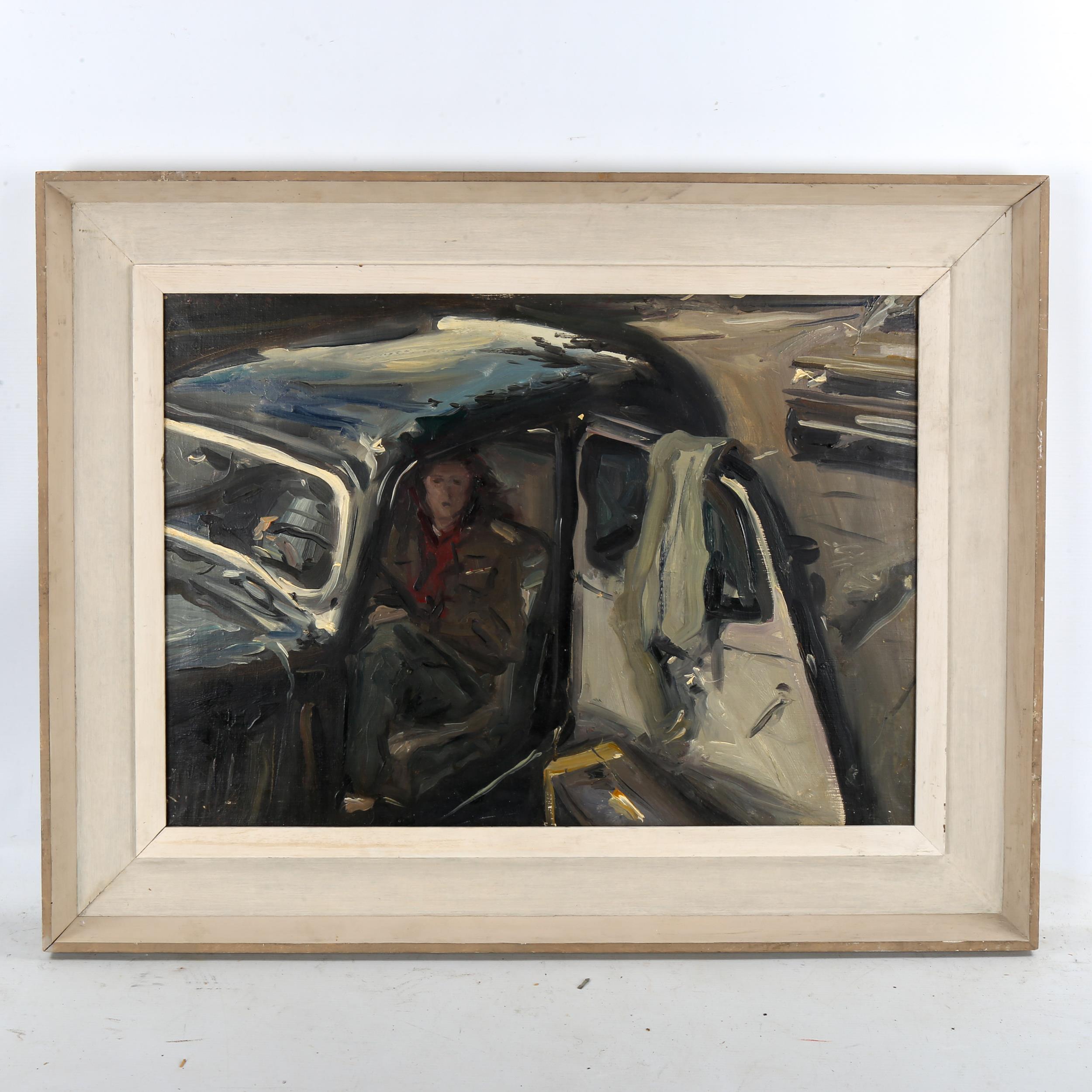 Howard Morgan (born 1949), oil on canvas, woman in a car, 43cm x 59cm, framed Very good condition - Image 2 of 4