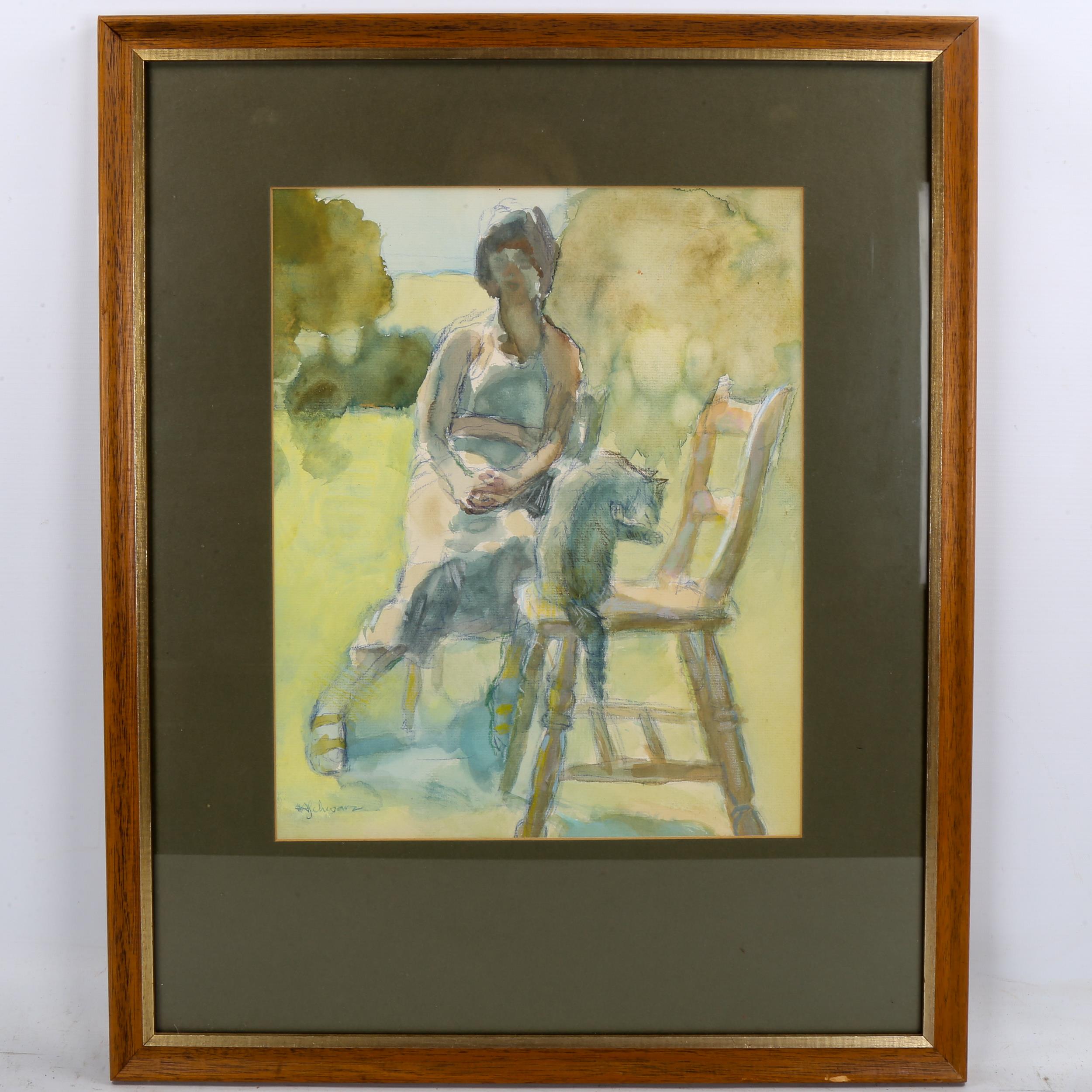 Hans Schwarz, watercolour, woman and cat in a garden, signed, 39cm x 31cm, framed Good condition - Image 2 of 4