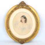 19th century watercolour, portrait of a young woman, unsigned, 30cm x 25cm, framed Very slight paper