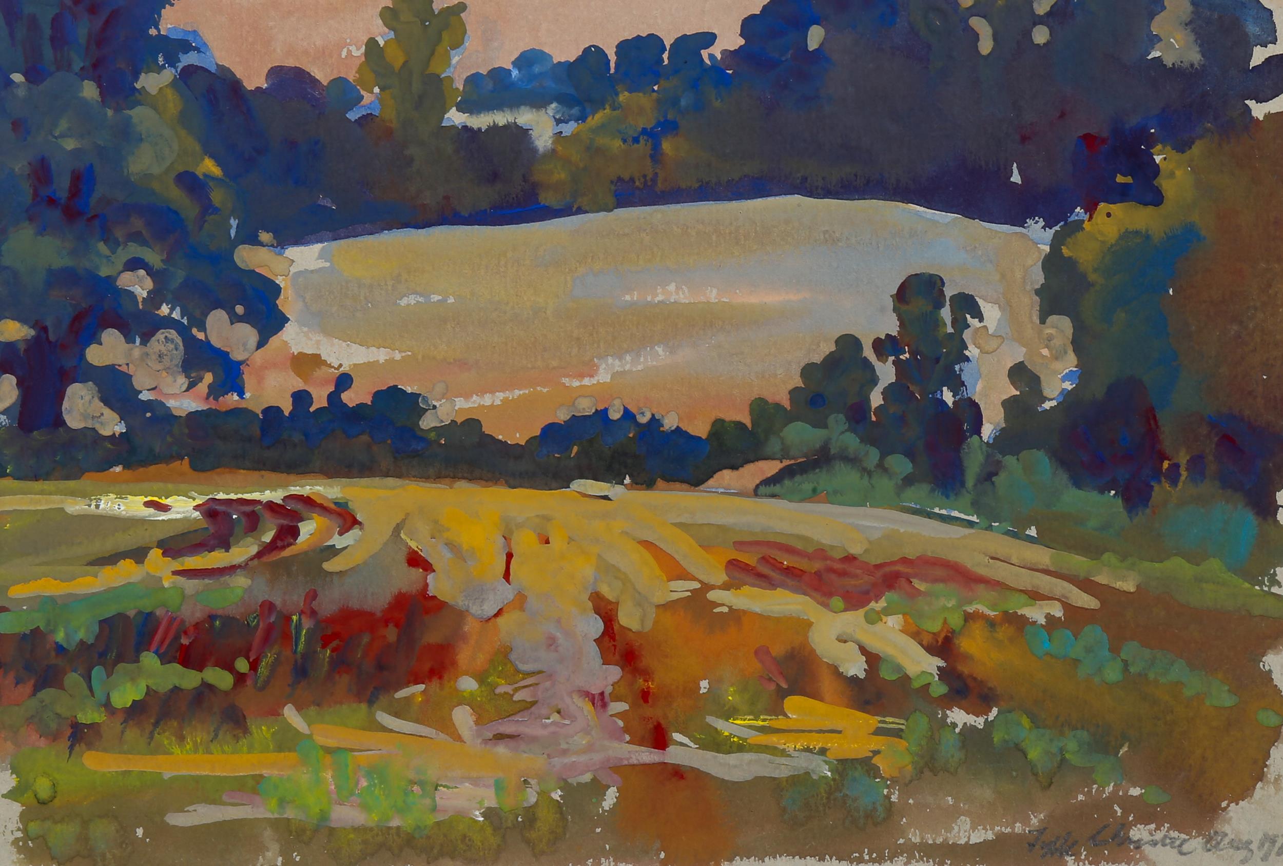 Fyffe Christie (1918 - 1979), gouache on paper, Field Eynsford, signed and dated 1971, 16.5cm x