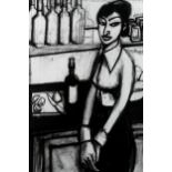 Patrick Warren, charcoal on paper, waitress in Sansepulcro bar, 76cm x 53cm, framed Good condition