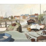 E P Hains, mid-century oil on board, boatyard Newhaven, signed, 50cm x 60cm, original teak frame