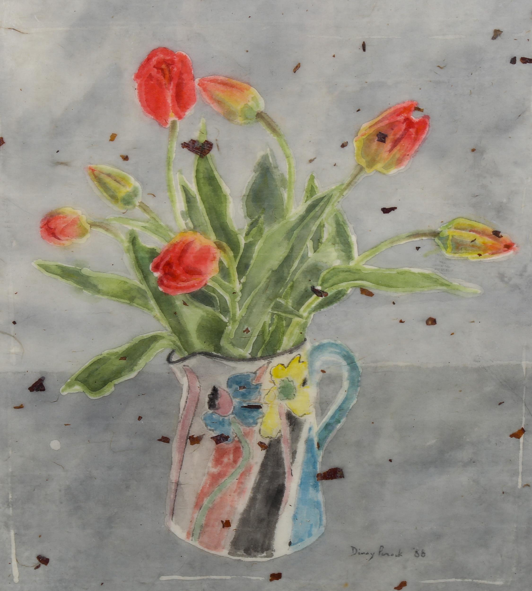 Dinny Pocock, watercolour, red tulips, 1988, signed, 36cm x 33cm, framed Good condition