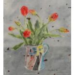 Dinny Pocock, watercolour, red tulips, 1988, signed, 36cm x 33cm, framed Good condition