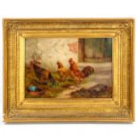 E S England (active 1890 - 1910), oil on canvas, poultry in the yard, 25cm x 35cm, framed Good