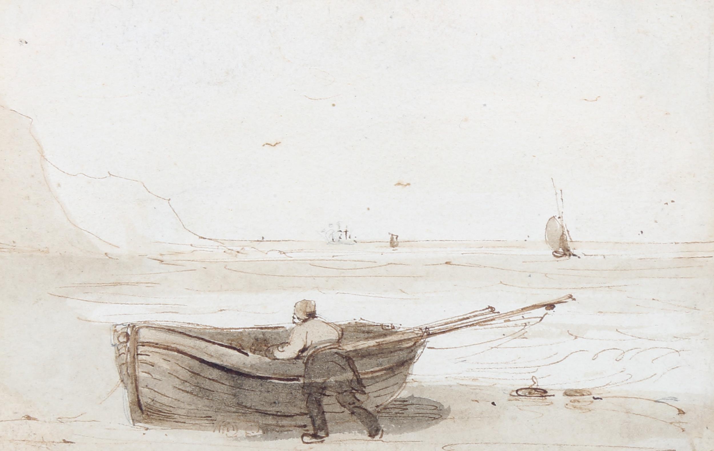 Williams Rogers (exhibited 1825 - 1867), ink and wash, fishermen at the shore, 7cm x 11cm, framed,