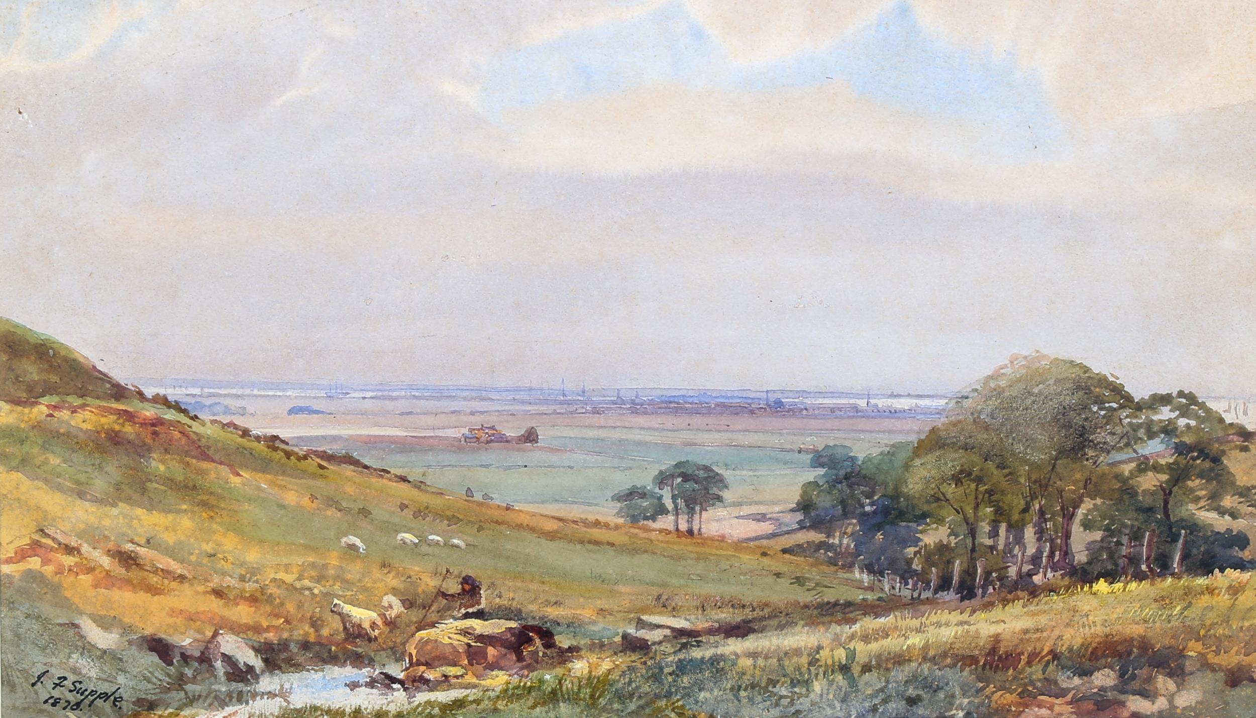 J Supple, watercolour, coastal view, signed and dated 1870, 20cm x 33cm, framed Good condition