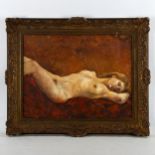 20th century oil on board, reclining nude, unsigned, 42cm x 55cm, framed Good condition