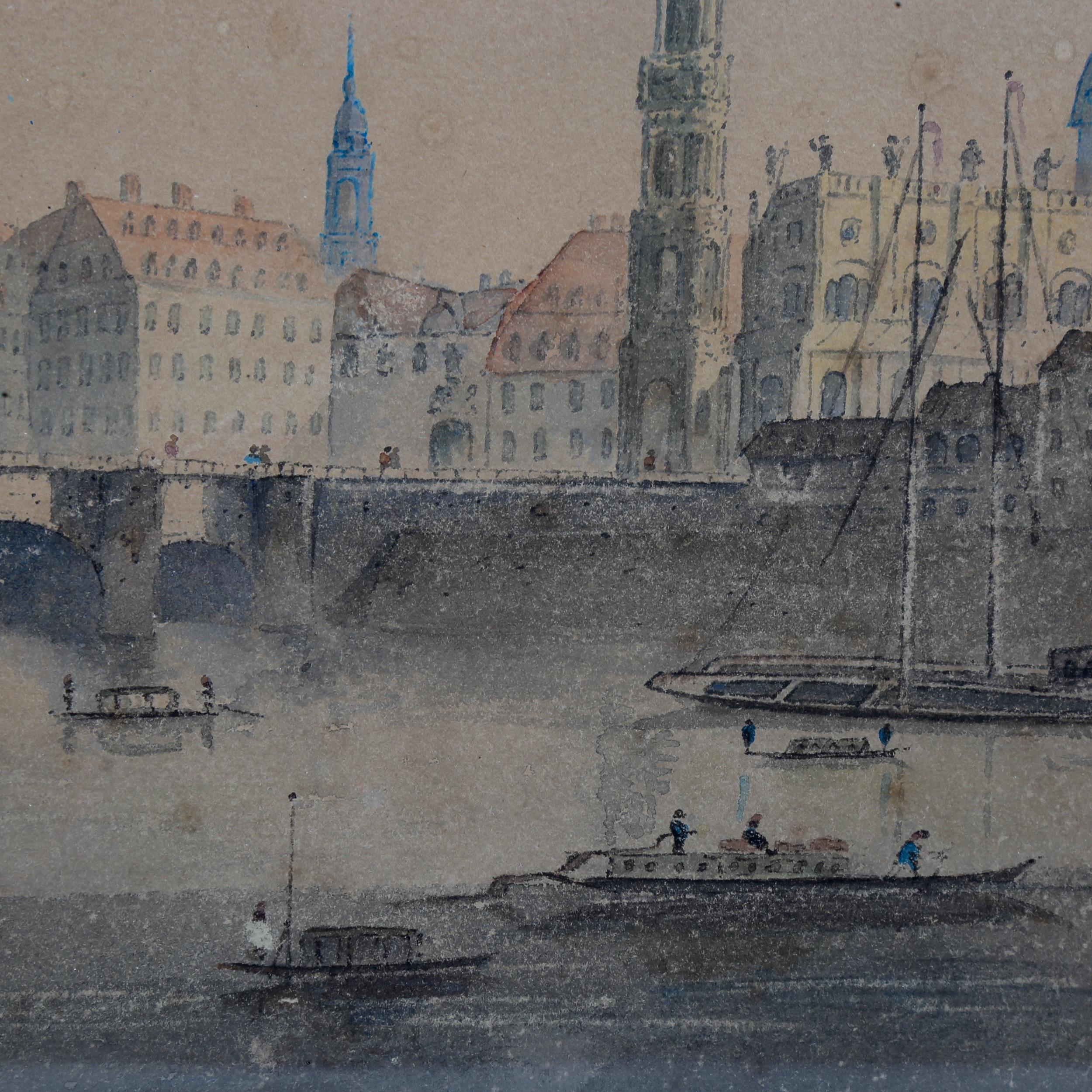 19th century watercolour, Continental city bridge, unsigned, 25cm x 36cm, framed Paper - Image 4 of 4