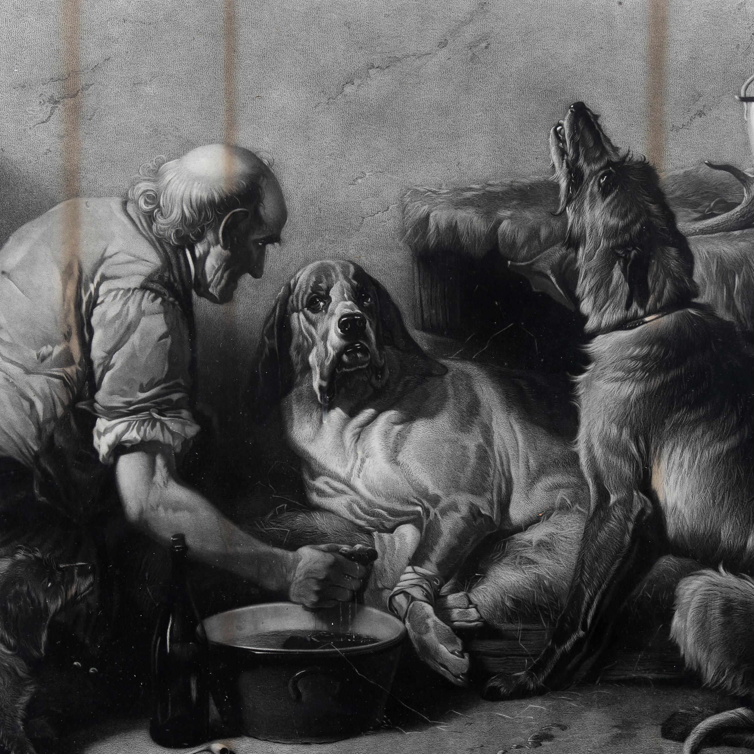 W T Davey after Richard Ansdell, engraving, the wounded hound, image 55cm x 86cm, maple-framed Lines - Image 2 of 4