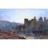 19th century watercolour, castle at sunset, unsigned, 40cm x 60cm, framed Good condition but mount