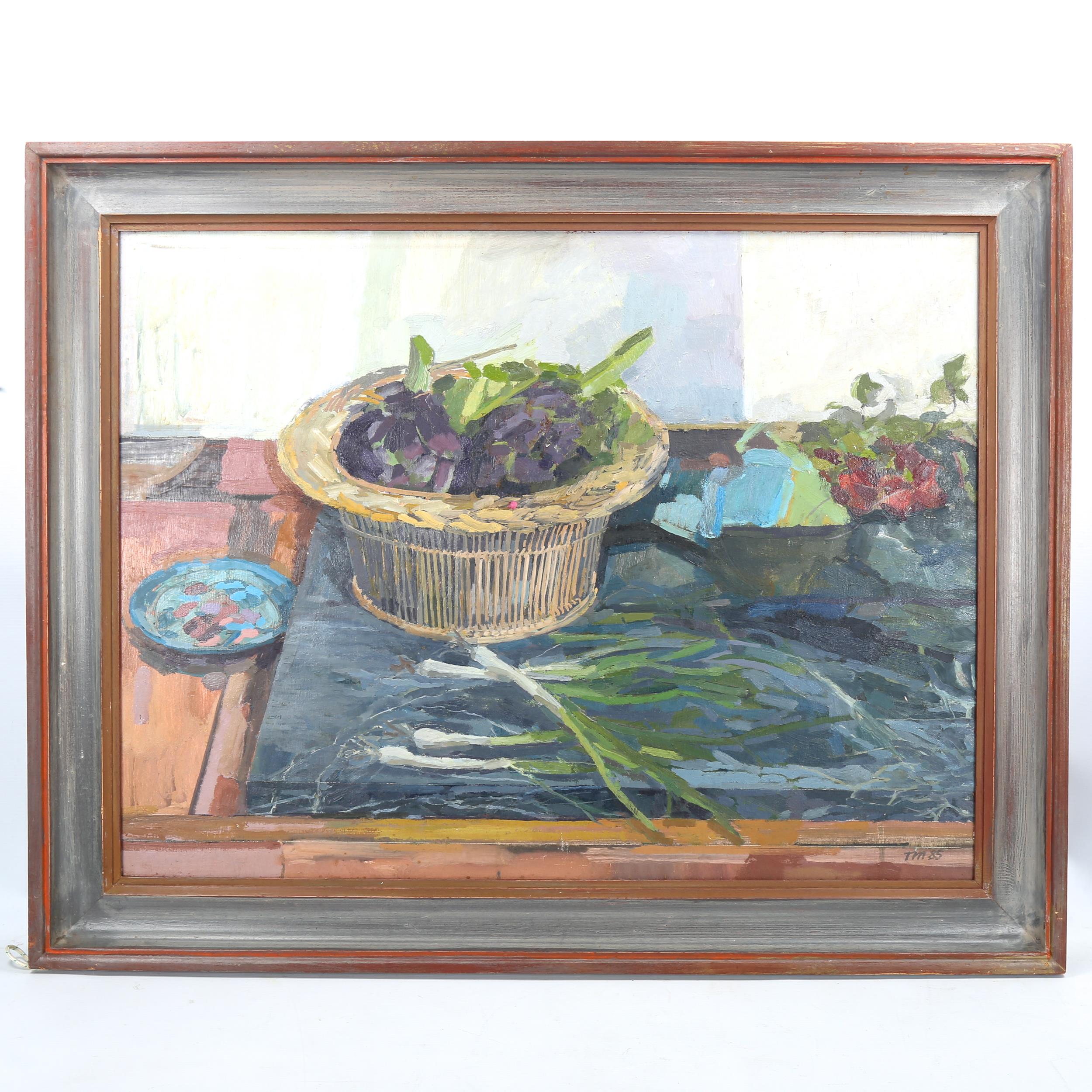 Tony Messenger, oil on board, still life with artichokes 1985, Exhibition labels verso, 59cm x 78cm, - Image 2 of 4