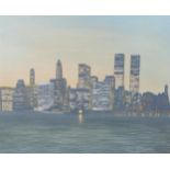 D Hayward, oil on canvas, New York skyline at night, signed, 50cm x 60cm, framed Good original