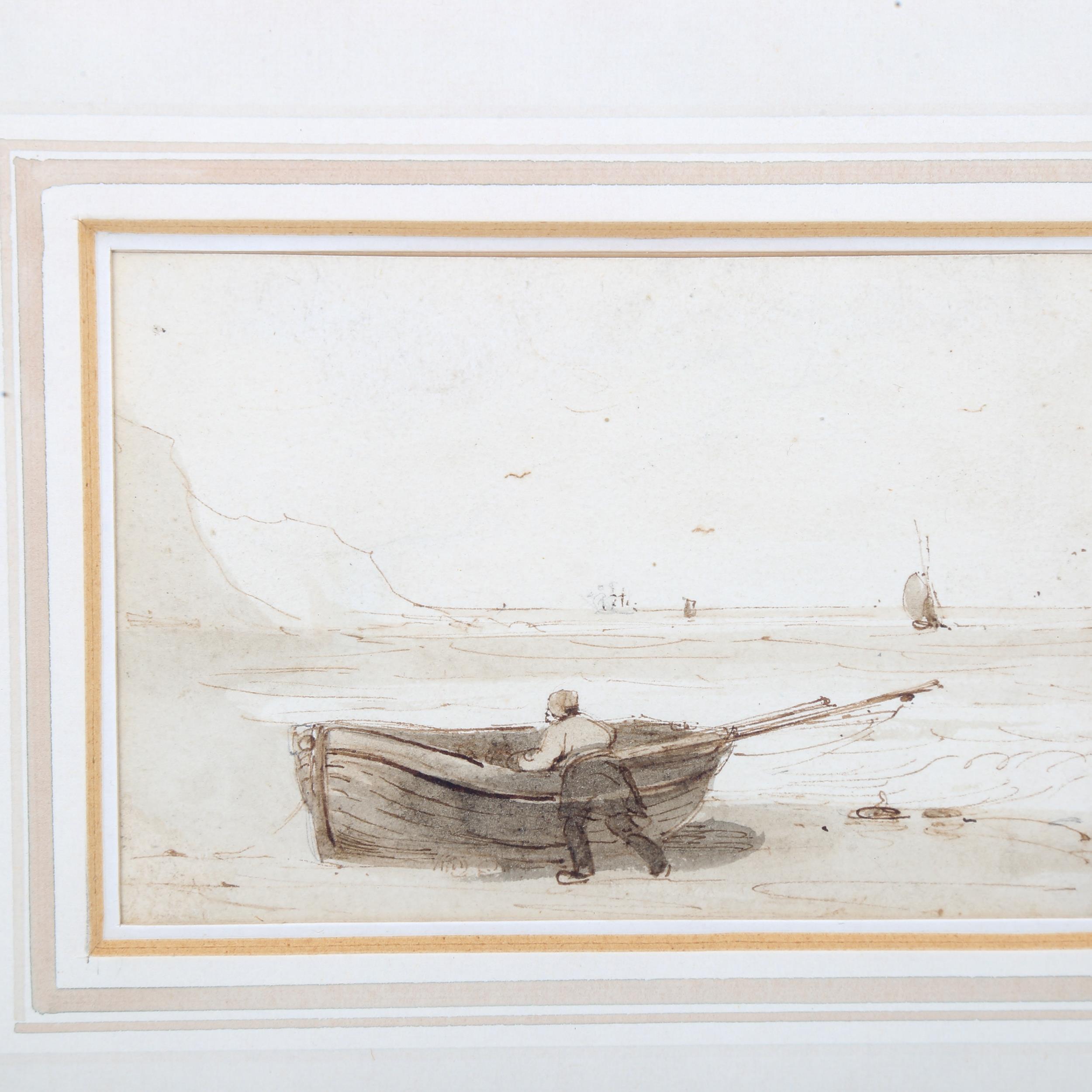 Williams Rogers (exhibited 1825 - 1867), ink and wash, fishermen at the shore, 7cm x 11cm, framed, - Image 3 of 4